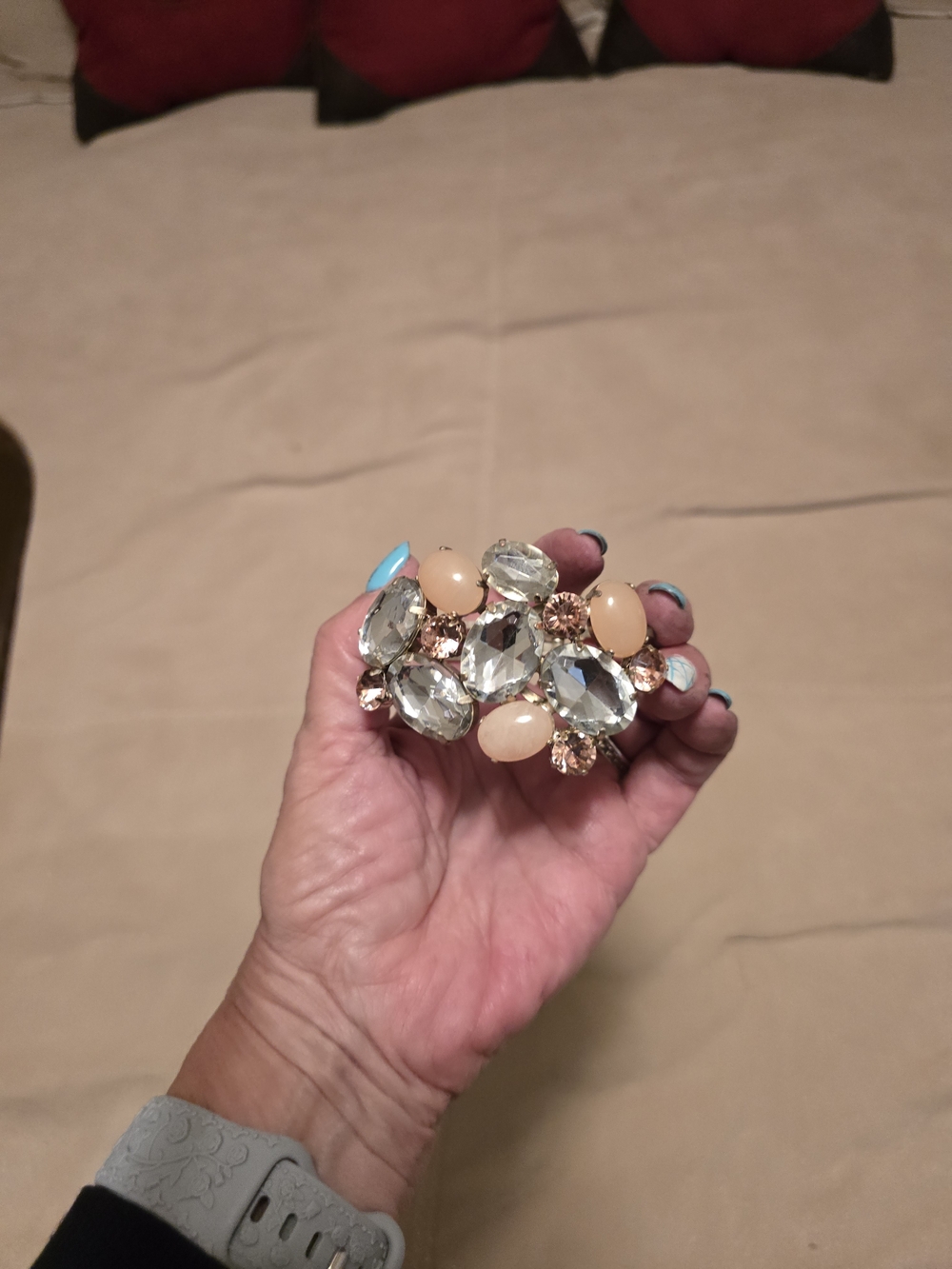 Chico's Silver-Tone Bracelet with Clear Crystals and Peach Cabochons